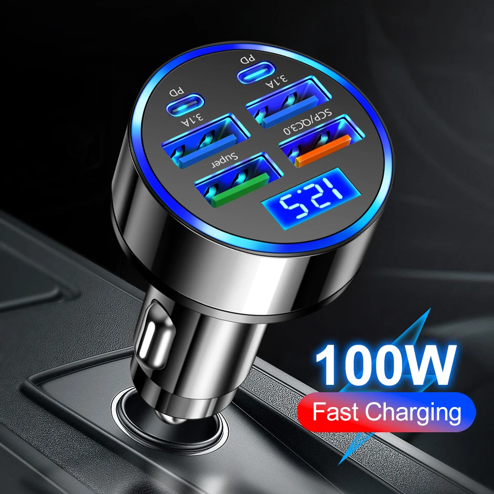 USB Car Charger 6 Ports Type C Fast Charging QC3.0 for iPhone Samsung Huawei Xiaomi