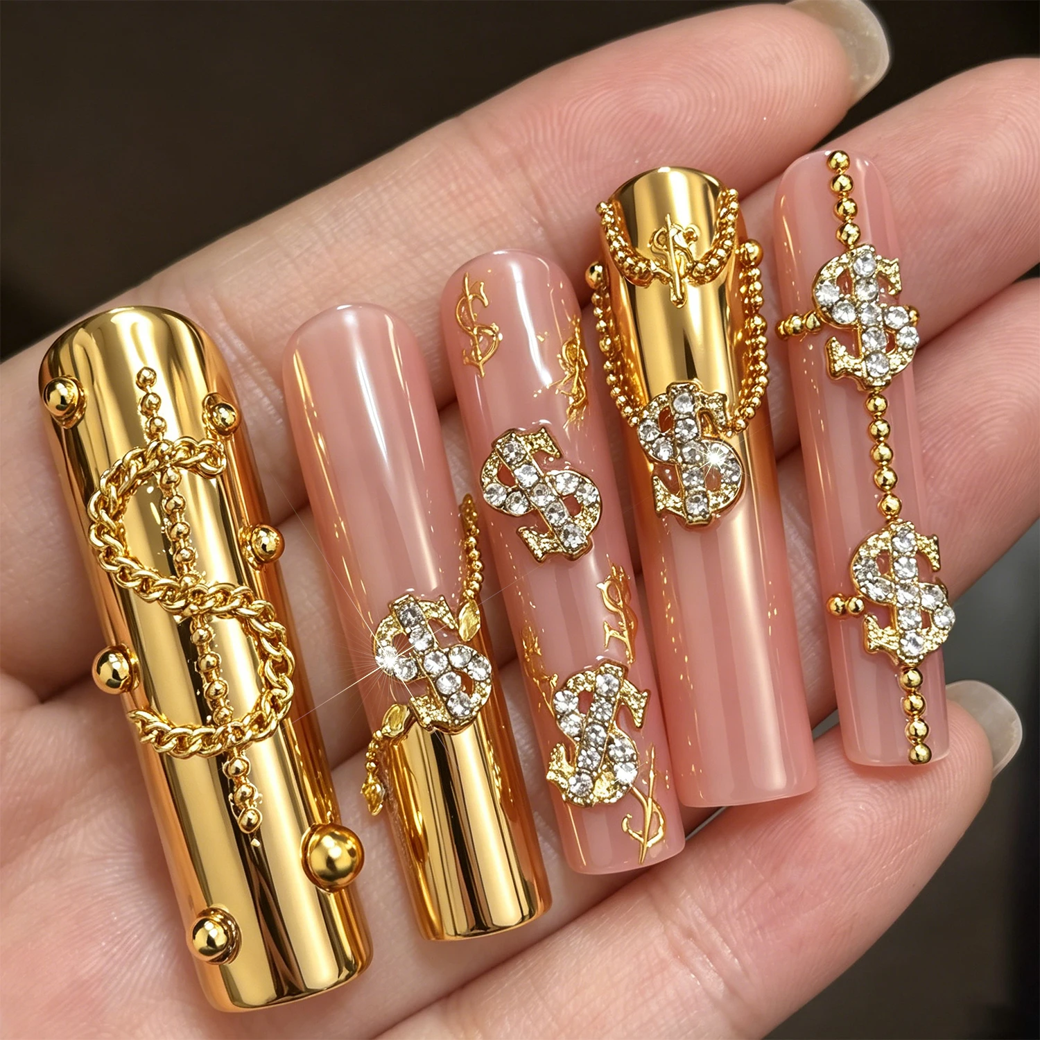 Luxury Metallic Gold 3D Nail Charms with Glitter Diamond Rhinestones - 10 Piece Set