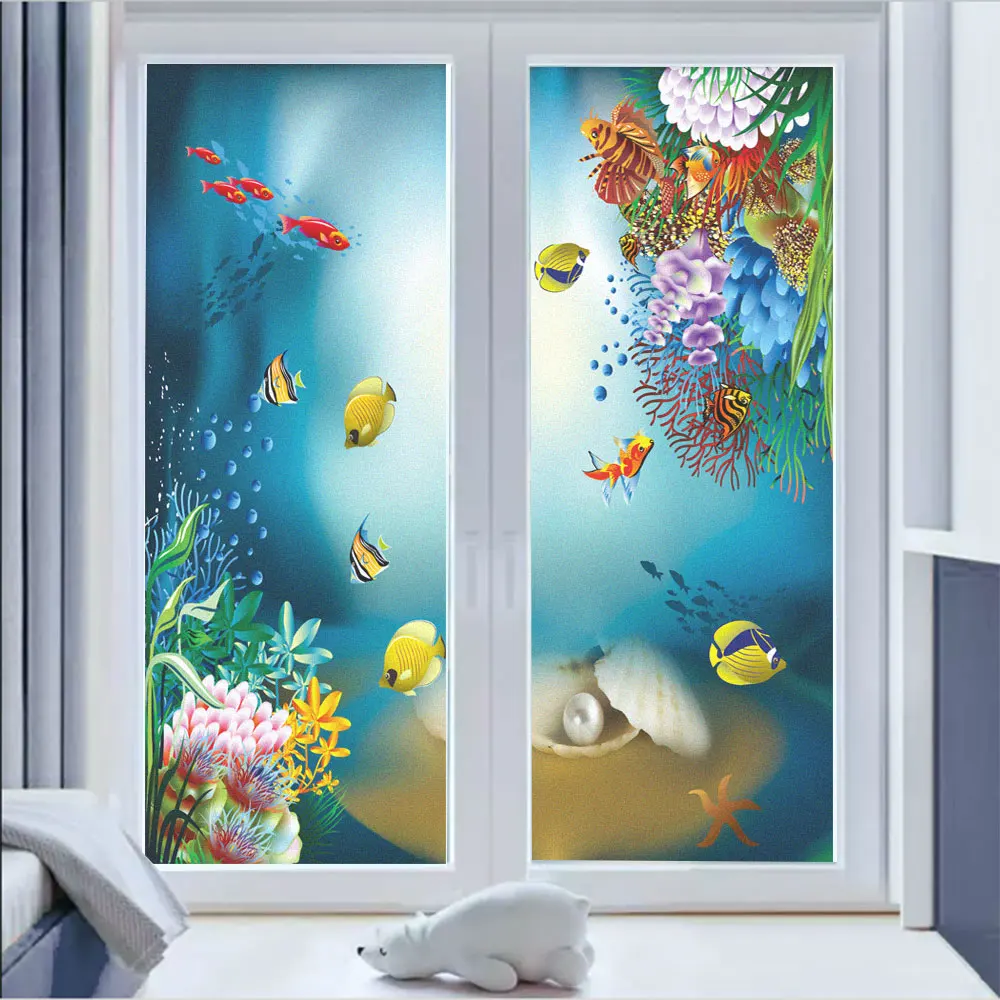 

Windows Glass Privacy Film Underwater World Pattern Frosted Glass Door Flim No Glue Removable Stickers Heat Control Windows Flim