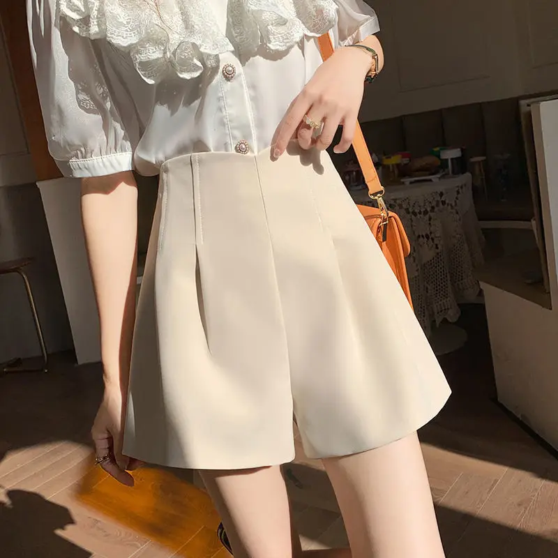 Women's Clothing Solid Color High Waisted Zipper Shirring Casual Fashion Elegant Summer Wide Leg Knee Pants Vacation Shorts