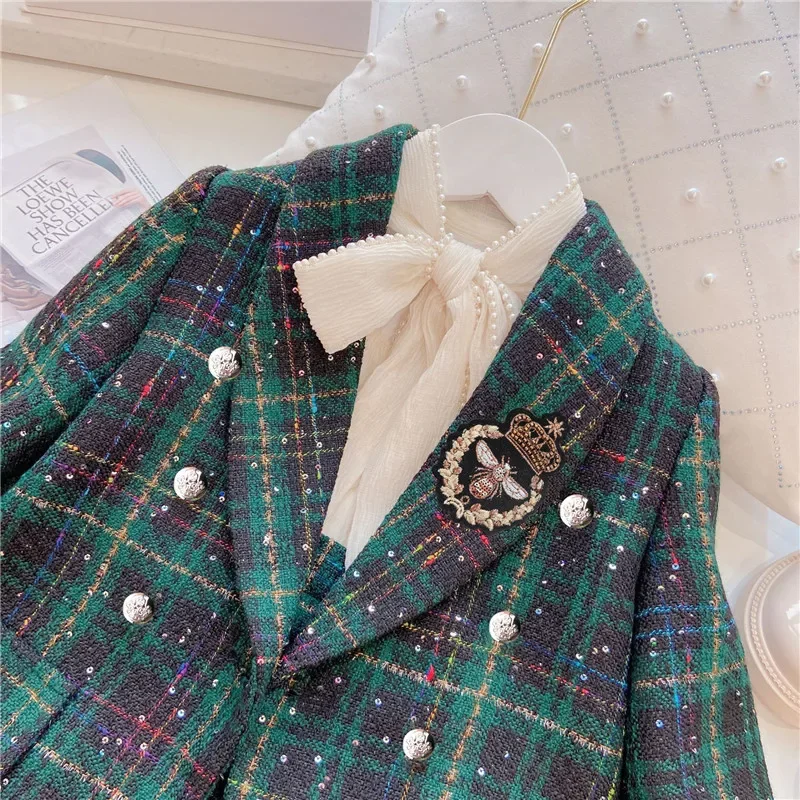 Girls 2pcs Set Korean Fashion Clothes for Girls Spring Autumn Plaid Blazer Coat Outwear+Shorts Outfits Children Clothing Suits