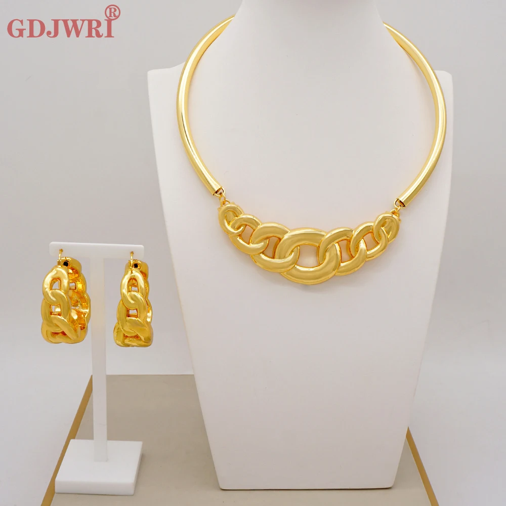 

Trendy Indian Dubai Gold Color Plated Jewelry Set For Women African Bridal Necklace Earrings Set Nigerian Wedding Jewellery