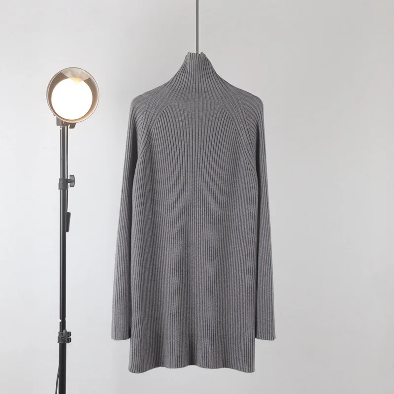 

Turtleneck Grey Color Knitting Women Long Sweater Pullovers Full Sleeves Loose Casual Lady Jumpers Tops Winter Clothes
