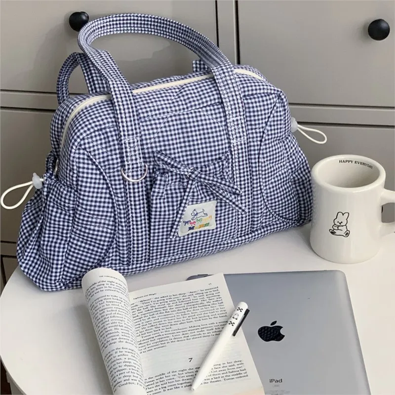 Korean Style Niche Design Plaid Tote Bag Ladies Sweet Bow Large Capacity Shoulder Bag Women Casual Versatile Commute Handbag New