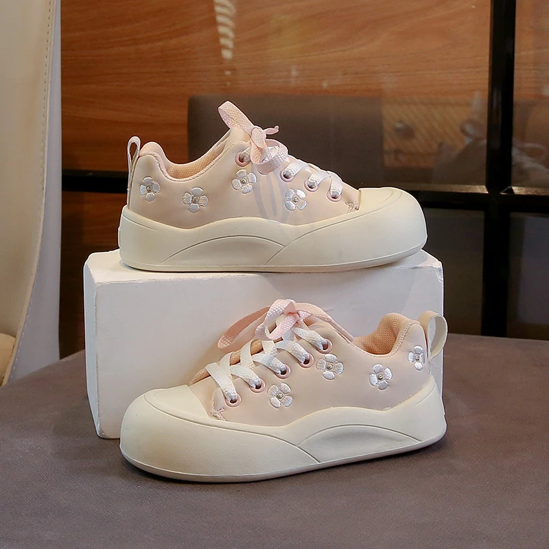 Girls Floral Embroidered Soft Sole Breathable School Trainers