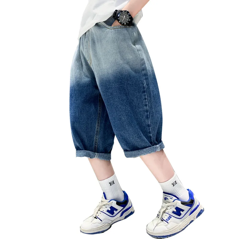 

Teen Boys Denim Shorts Summer Kids Short Casual Denim Pants Gradient Teen Fashion Soft Cotton Knee-Length Jeans for Boys 5-14Yrs