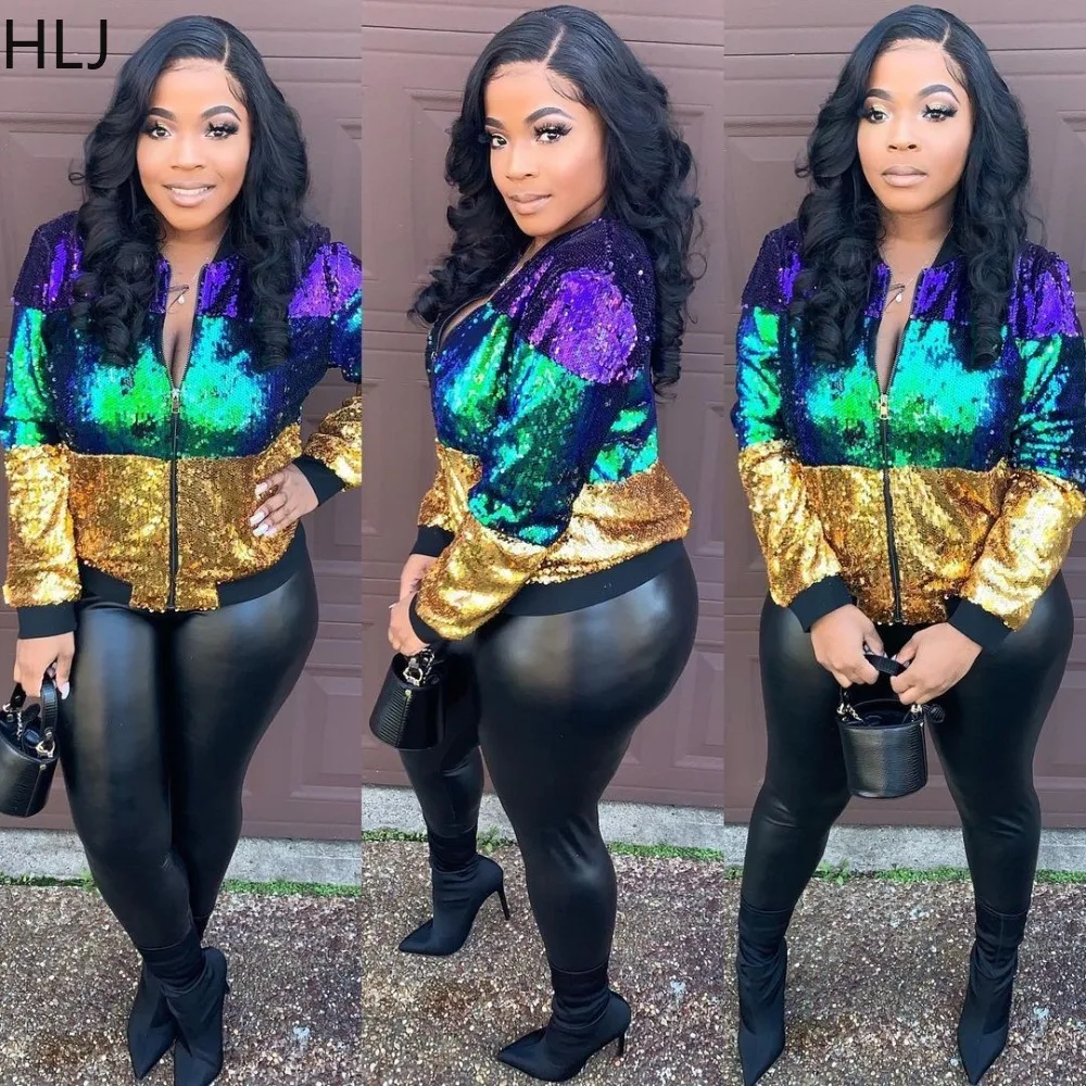 HLJ Fashion Sequin Splicing Zipper Jacket Women V Neck Long Sleeve Slim Coats Spring New Female Party Club Matching Top Clothing