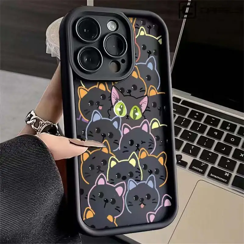 Adorable Black Cat Couple Silicone Soft Phone Case - Y2K Cartoon Design