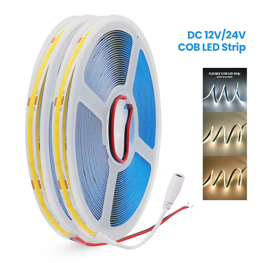 8MM 12V COB LED 스트립 라이트 320LEDs/m 고휘도 FOB LED 테이프 0.5m 5m 10m 플렉시블 리본 3000K 4000K 6000K 실내 장