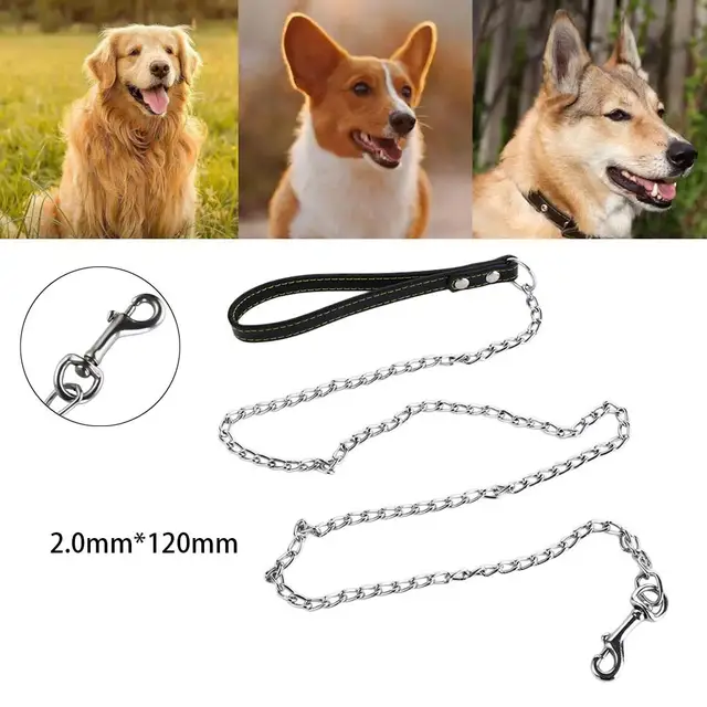 Heavy Duty Metal Chain Dog Lead With Leather Handle Long Strong Control Leash Outdoor Pet Traction Rope Anti Bite Chain Supplies 5