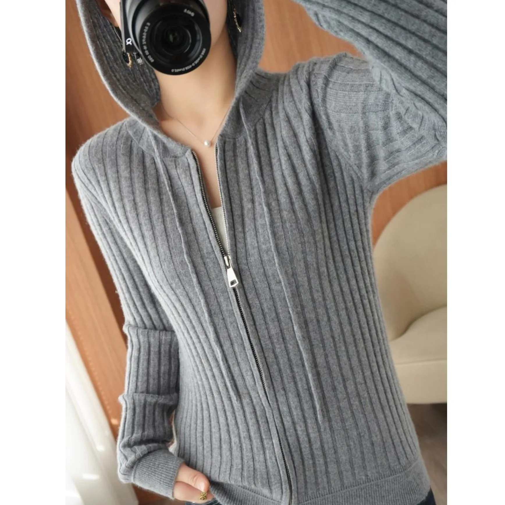 

Autumn Winter Sweater Hooded Zipper Knitted Cardigan Korean Version Loose Jacket Vertical Strip Outer Black Sweater Wool