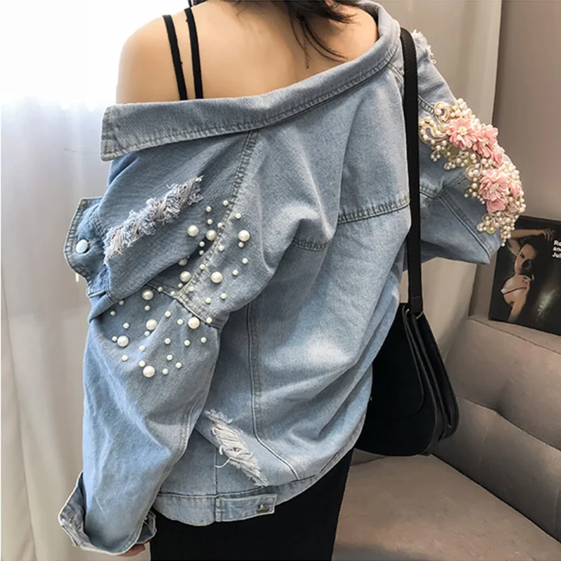 

2023 Women Embroidery Pearls Beading Short Denim Jeckets Coat Female Loose Frayed Holes Appliques Jean Jacket Outer