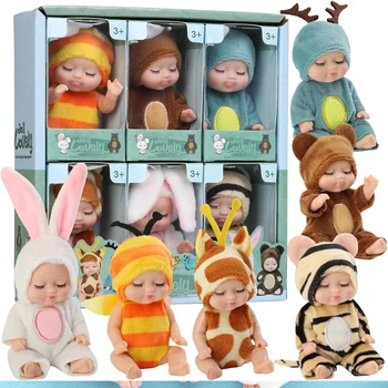1/6 pçs 4 Polegada mini bonecas reborn conjunto de brinquedos boneca realista com roupas animais bonitos presentes para aniversário natal requintado 1