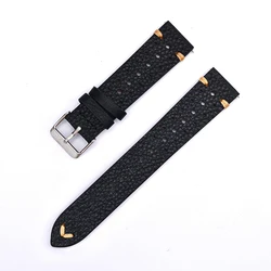 Vintage Style Handmade Genuine Leather Watch Strap - Soft, Stitched Rally Design - 22mm (Black)