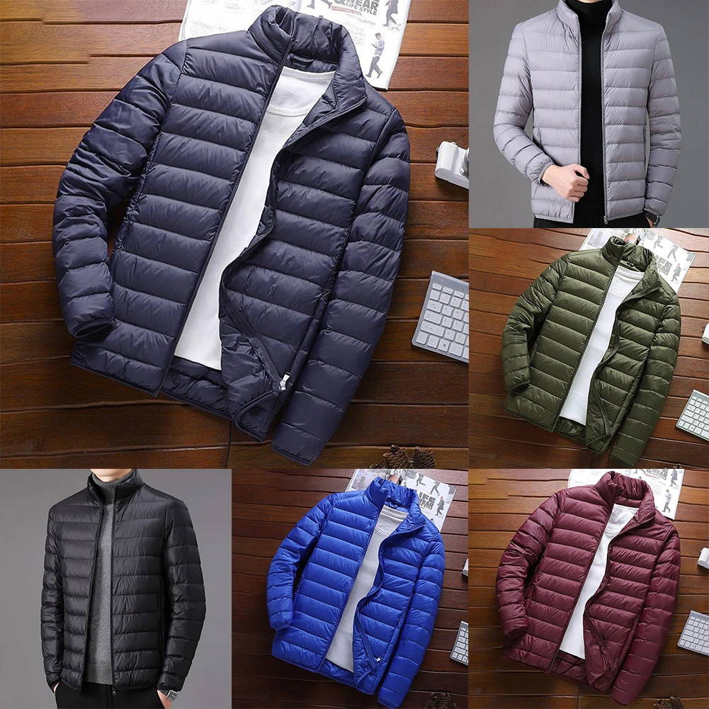Fashion Men's Ultra Light Parkas Cotton Jacket Stand Collar Zip-up Solid Color Long Sleeve Parka Tops Coat Man Clothing