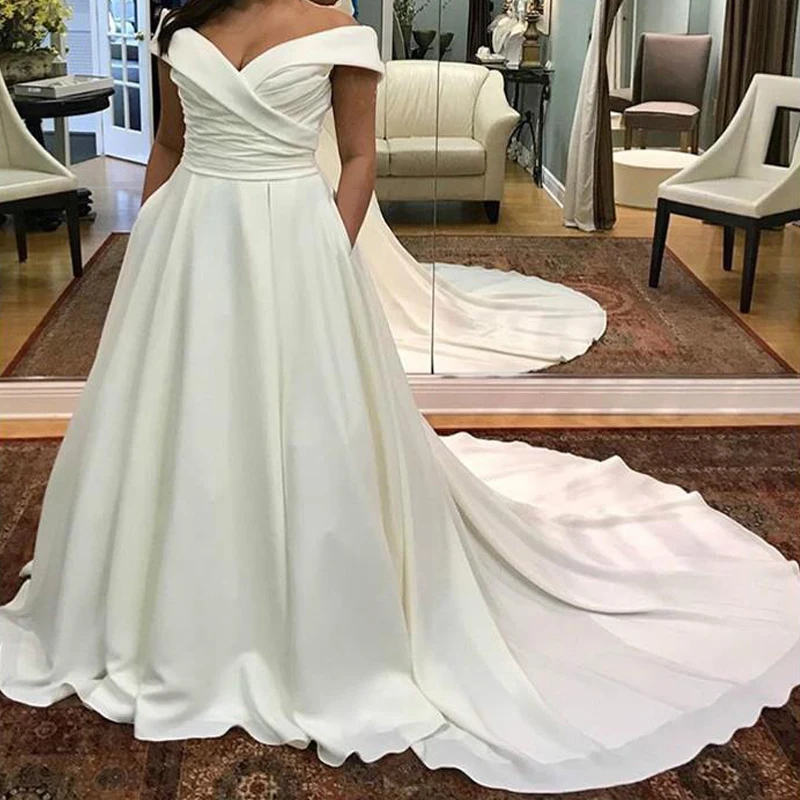 

On Zhu Satin Wedding Dresses for Women 2023 Off Shoulder свадебное платье Plus Size Vestidos De Noiva Mikado Robe WIth pocket