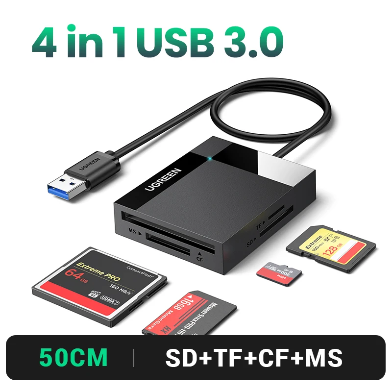 UGREEN Kart Okuyucu 4'ü 1 Arada USB3.0/USB-C SD Micro SD TF CF MS Compact Flash Kart Adaptörü Dizüstü Bilgisayar PC Çoklu OTG Akıllı Kart Okuyucu