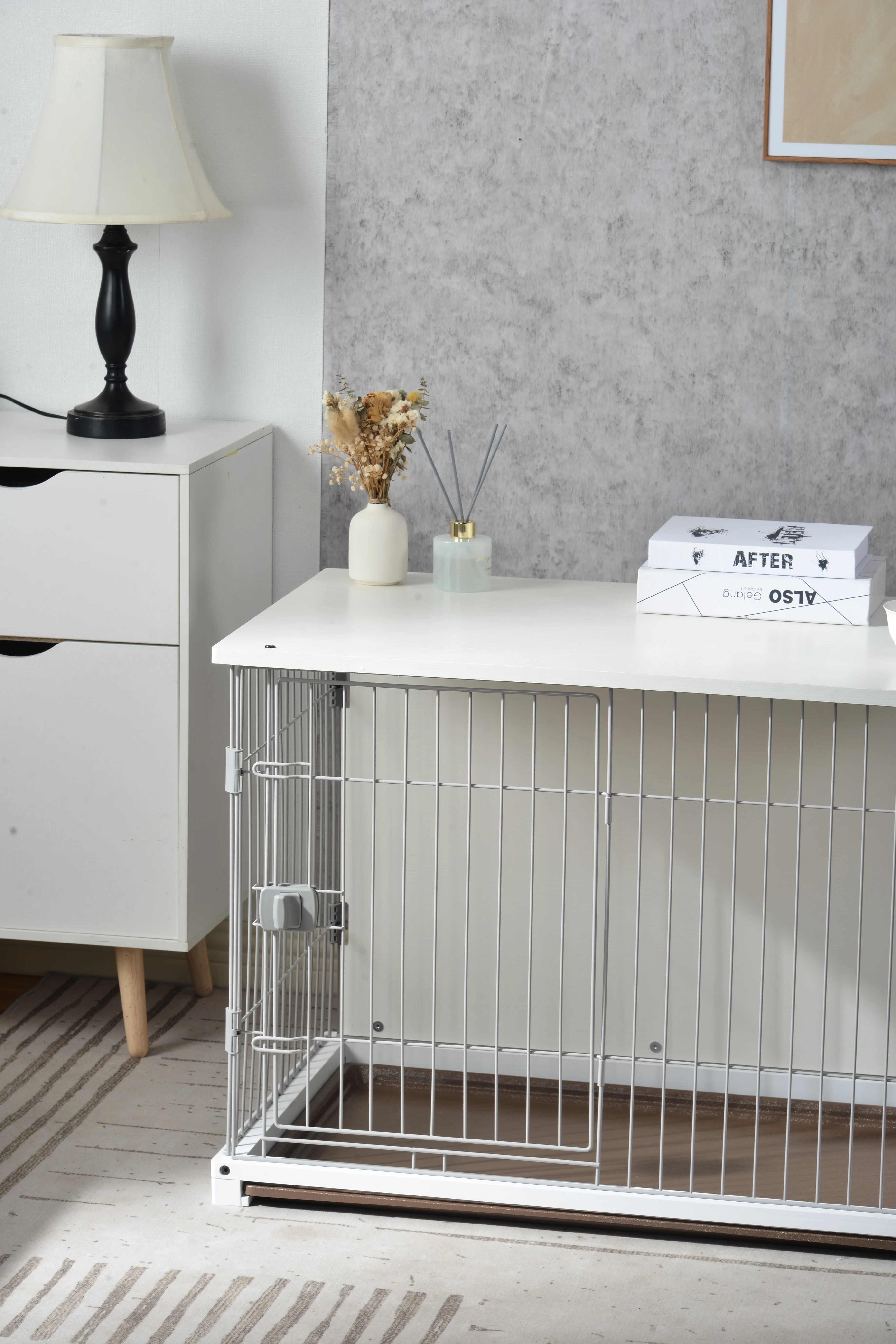 34″ Length Elegant Dog Cage Crate End Table with Movable Salver