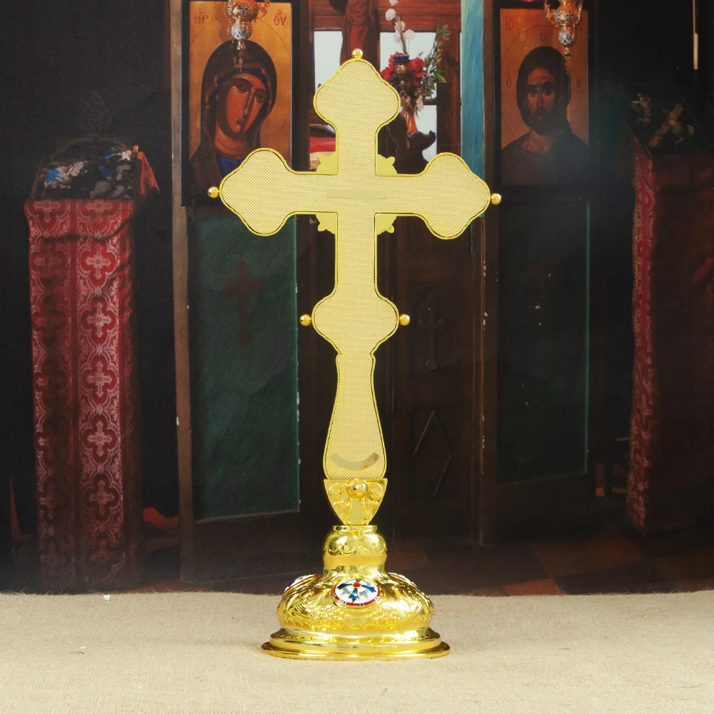 HTISOK Russisches orthodoxes Kreuz Jesus Kruzifix Vergoldete Zinklegierung Kirche Stehendes Kreuz Kirchendekoration Religiöse Rituale – Detail 9