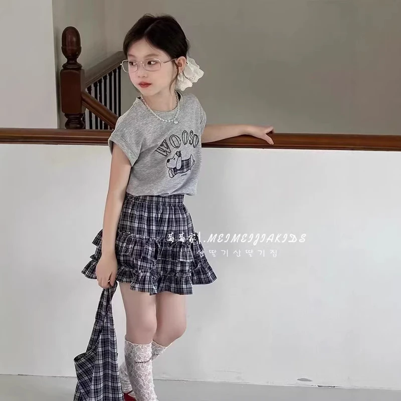Toddler Girl 2Pcs Summer Outfits Cute Cartoon Print Short Sleeve T-Shirt Plaid Ruffle Skirt Set Kids Girls Casual Daily Clothes 1