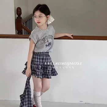 Toddler Girl 2Pcs Summer Outfits Cute Cartoon Print Short Sleeve T-Shirt Plaid Ruffle Skirt Set Kids Girls Casual Daily Clothes 1