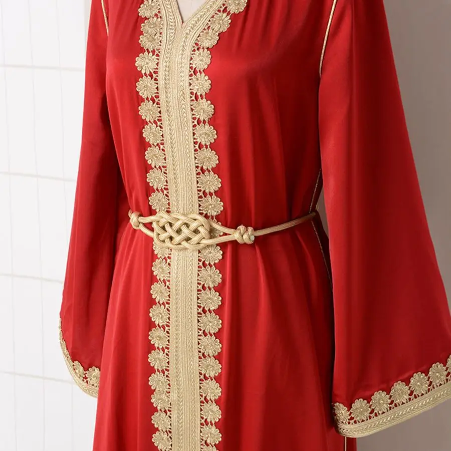 Women Dress Arabic Robe Gold Embroidered Lace Fashion