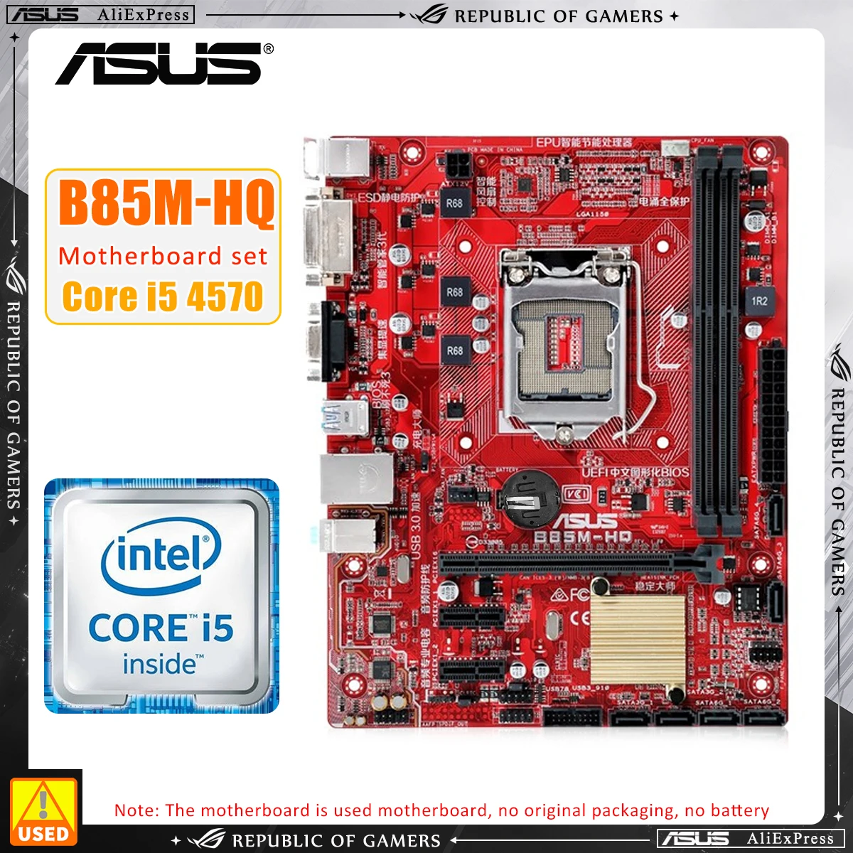 

LGA 1150 Motherboard Kit ASUS B85M-HQ+i5 4570 DDR3MHz 1600 16GB PCI-E 3.0 4×SATA III USB3.0 VGA Micro ATX