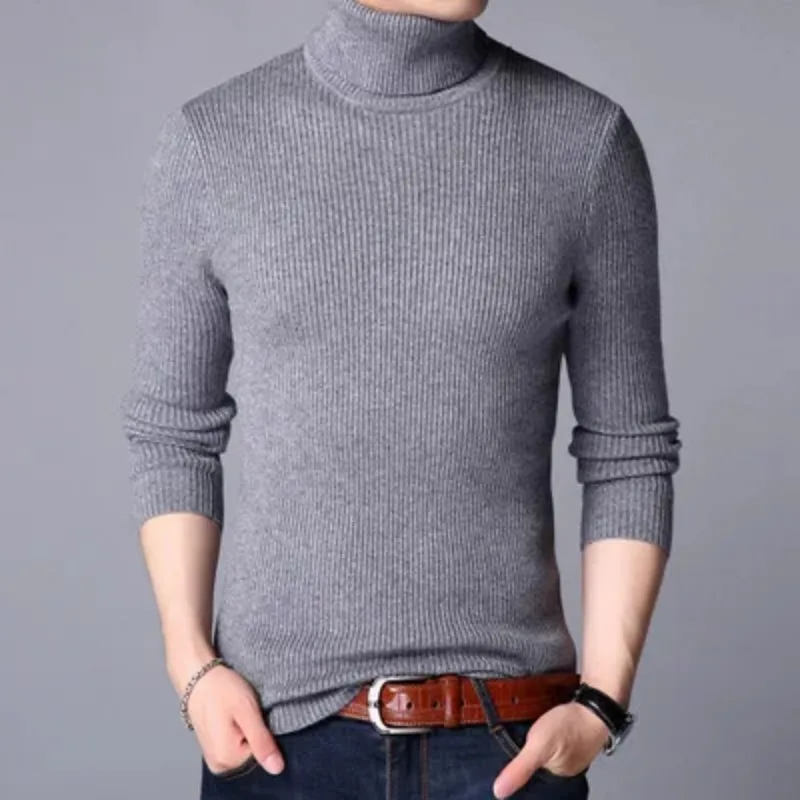 2024 Men Brand High Neck Knitted Pullover Bottoming Shirt New Arrivals Male Fashion Casual Slim Solid Color Stretch Wool Sweater