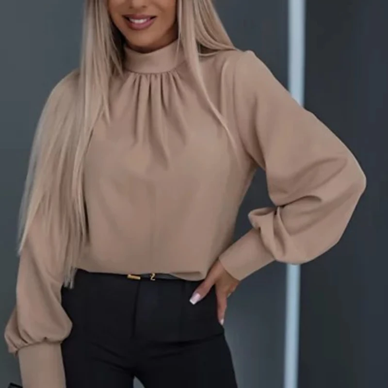 

Commuter Lady Elegant Stand Collar Blouse 2024 Spring Casual Solid Women Tops Pullover Autumn Long Sleeve Loose Streetwear Shirt