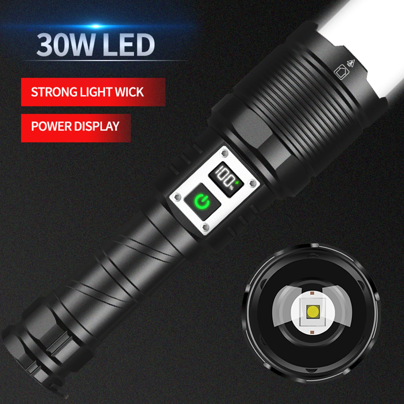 

30W Strong Light Torch, Outdoor White Strong LED Light Long-shot Outdoor Ultra-bright Telescopic Zoom Waterproof Flashlight