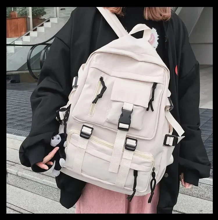Preppy Style Black Backpack Unisex Women Men Backpack Nylon Waterproof Multi-Pocket Design Mochilas Teenagers Shoulder Bag