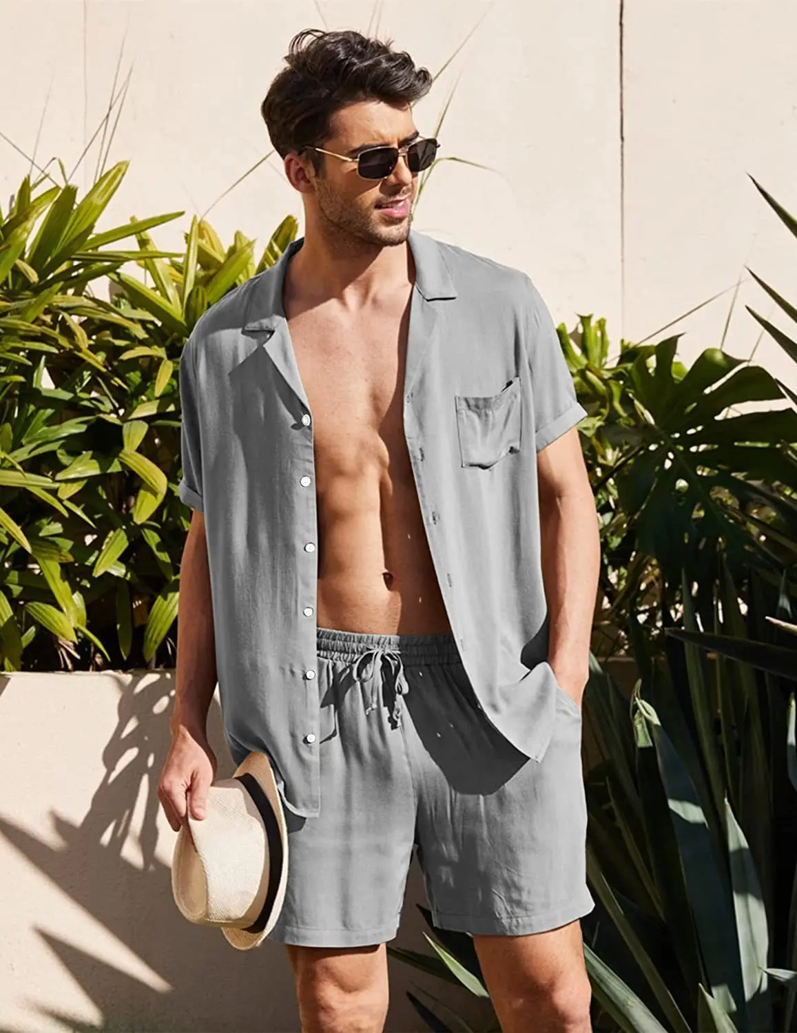 Summer Cotton Linen Shirt Set Men's Casual Outdoor 2-Piece Suit Andhome  Clothes Pajamas Comfy Breathable Beach Short Sleeve Sets