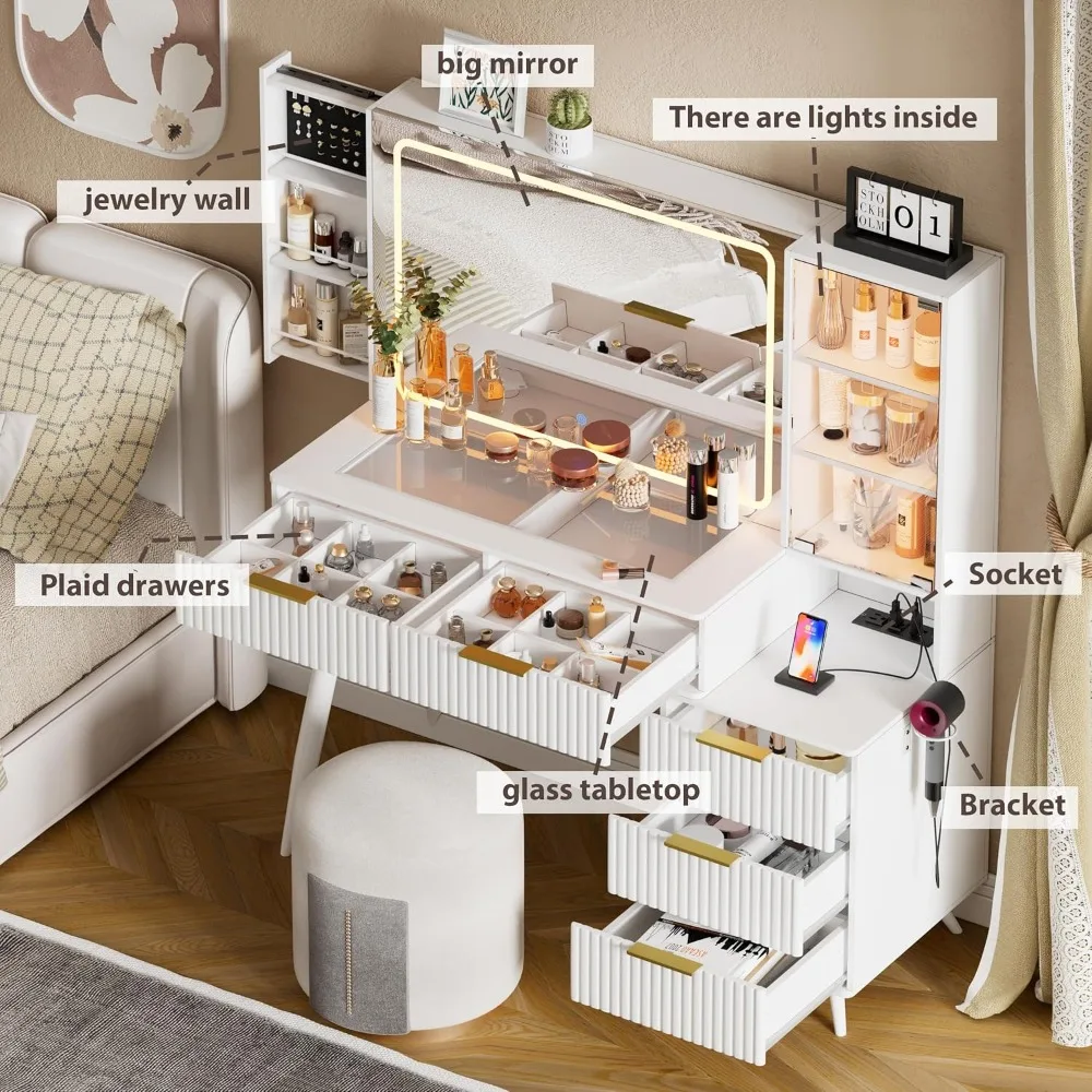 Makeup Vanity Desk ,with Mirror and Lights & Charging Station, Modern Glass Top Big Vanitys Table with 5 Drawers, Vanity Desk 4