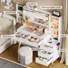 Makeup Vanity Desk ,with Mirror and Lights & Charging Station, Modern Glass Top Big Vanitys Table with 5 Drawers, Vanity Desk 4