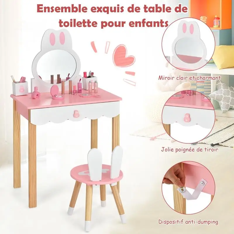 Table de toilette pour enfants avec tabouret, miroir amovible, 1 tiroir, 2 boîtes de rangement, rose 1