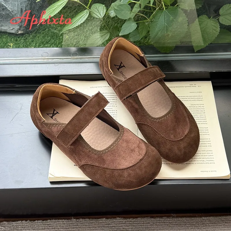 Aphixta New Flat with Mary Janes High Quality Cow Suede Flats Hook Loop Flat Shoes Women Shallow Concise Round Toe Ladies Shoes