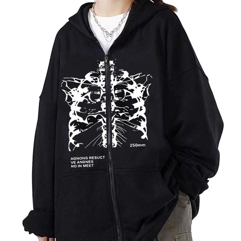 Hot Y2k Women Vintage Gothic Streetwear Skeleton Print Hoodies 90s Harajuku Oversized Hip Hop Jacket Zip Up Hoodie Y2k Clothes