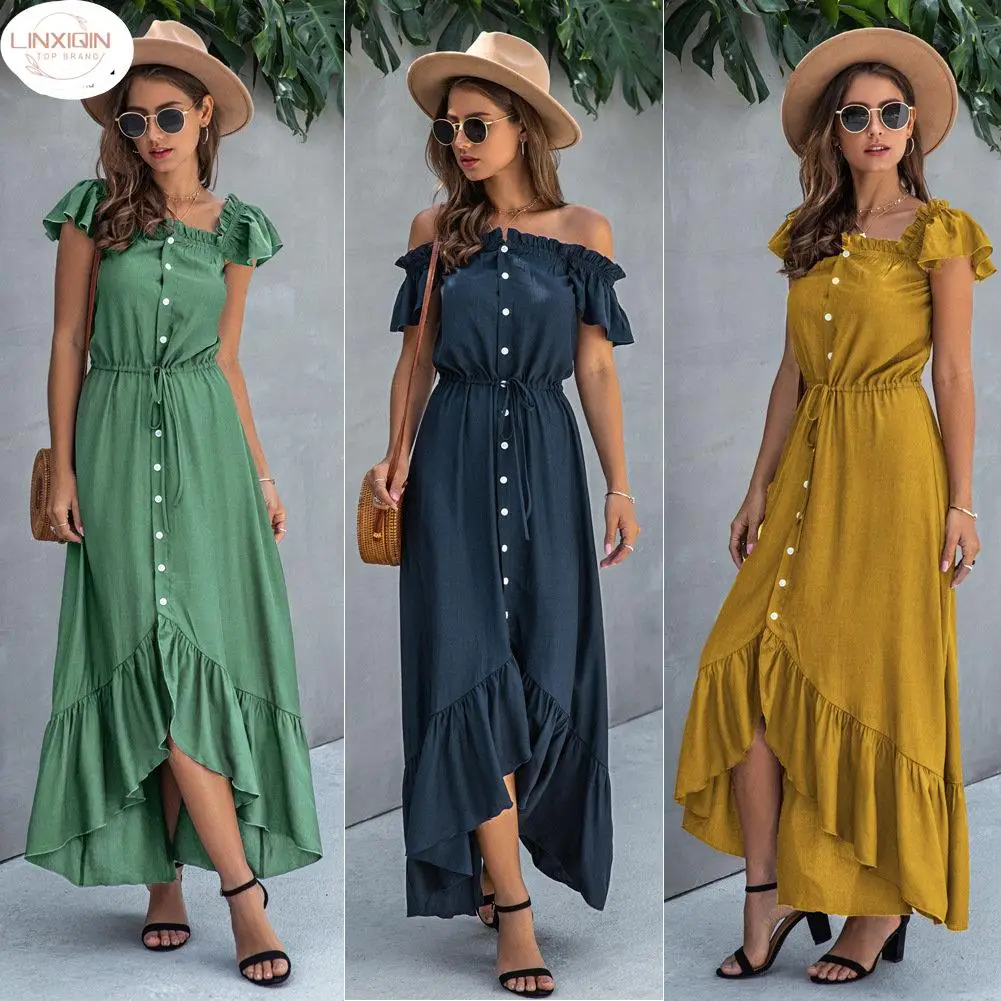 

LINXIQIN Super Long Dress Dress Robe Elegant Off-shoulder Women's Strapless Halter Ruffle Summer Summer Casual Ladies Fit