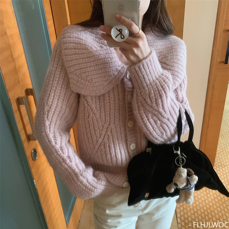 

Winter Warm Thick Short Coats New Design Women Fashion Long Sleeve Pink Peter Pan Collar New Year Outerwear Sweater Cardigans