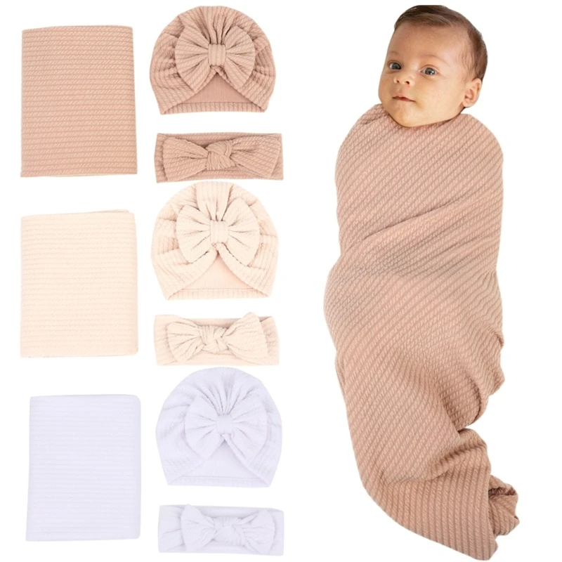 

Newborn Wrap Blanket Baby Turban Hat Bowknot Headband bow caps Swaddling Blanket set Beanie Infant Newborn Sleeping Bag Gift