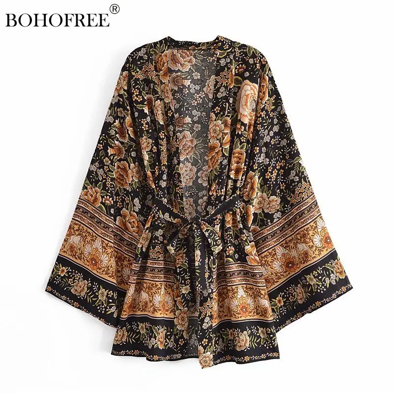 

Boho Vintage Black Floral Print Short Robes Casual Beach Cover Ups Blusas Belt Gypsy Style Hippie Women Kimono