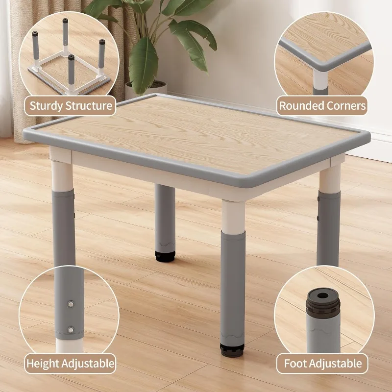 Toddler Table and 2 Chairs, Kids Table and Chair Set Height Adjustable, 31.5''L x 23.6''W Multifunctional Kids for Reading