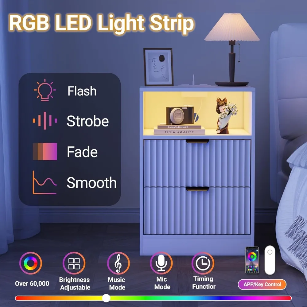 LED Nightstand with Charging Station, Fluted Design, 2 Drawers, RGB Lights, Modern Bedside Table