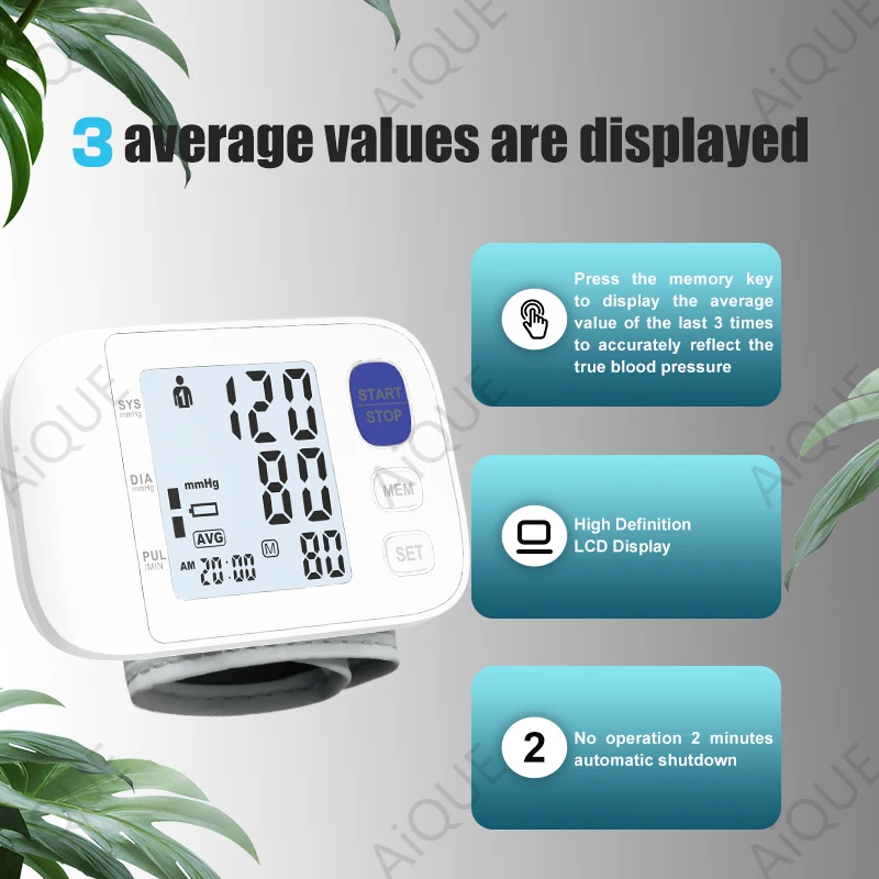 AiQUE Blacklit Wrist Type Blood Pressure Monitor LED Display Fast Measurement Digital Tensiometer BP Tonometer Heart Rate