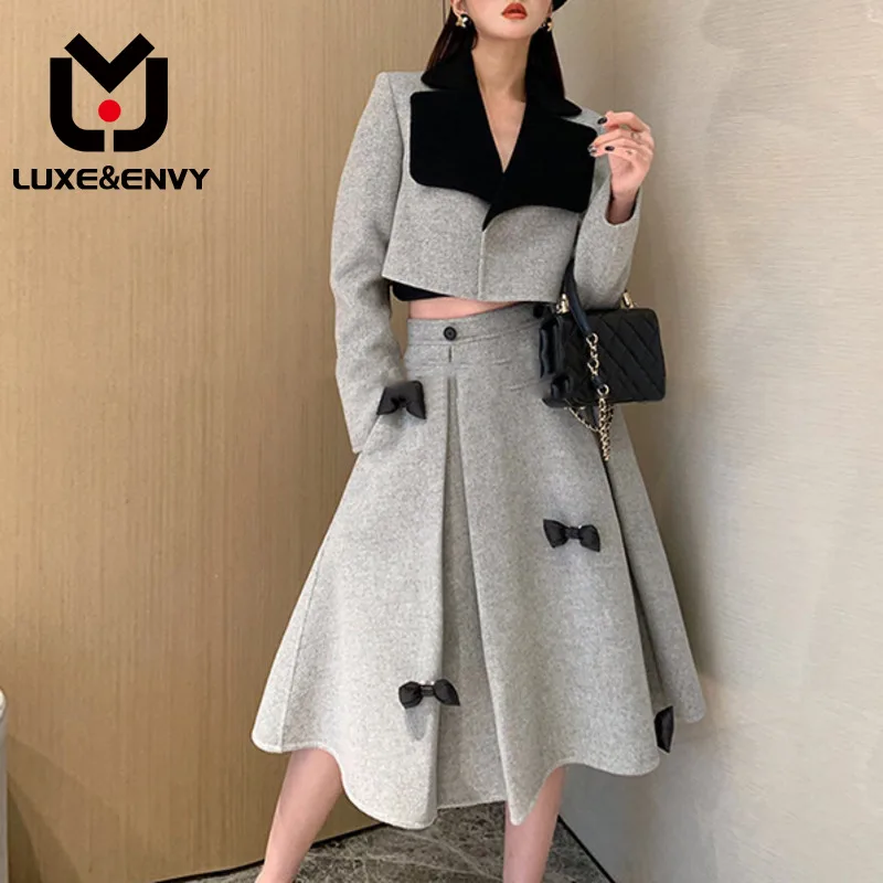 

LUXE&ENVY French Little Fragrance Winter New Light Mature Hepburn Short Coat+Bowtie Celebrity Strap Skirt Set 2023 Autumn