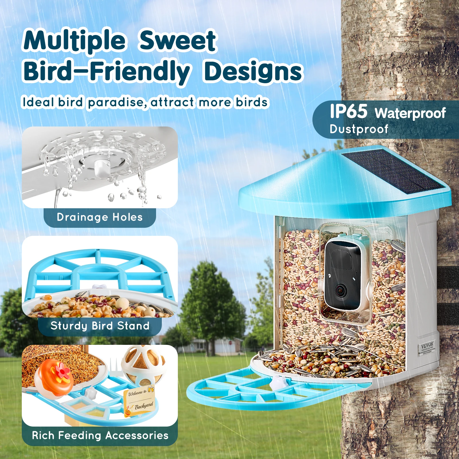 VEVOR Smart Bird Feeder with Camera 2K HD AI Identify 10000+ Bird Species Solar-Powered Watching Camera with Auto Capture