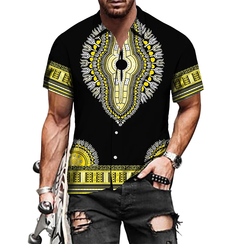 

Summer Mens Hawaiian Shirt Oversized Short Sleeve Couple Tops Vintage 3D Print African Ethnic Style Casual Fashion Male Clothes