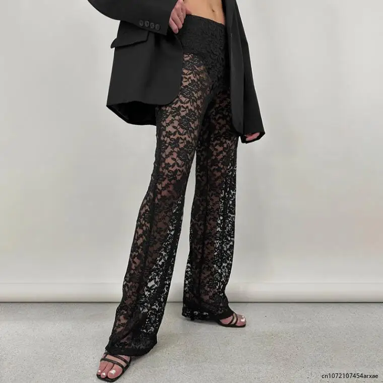 

Sexy All-match Lace See-through High Waist Pant Women Splicing Long Casual Y2K Straight Trouser Female See Through Women's Pants