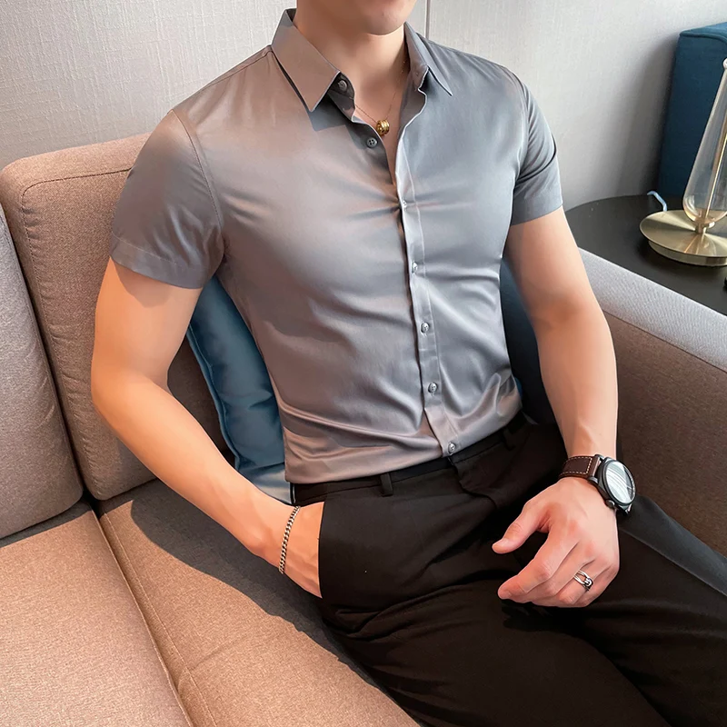 Brand clothing Men Fashion Casual Short Sleeve Shirt Regular Slim Fit Male Social Business Dress Shirt White Men Blouse