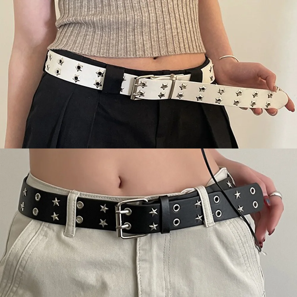 

Punk Star Rivet PU Leather Belts Women Men Y2K Black White Double Row Hollow Waist Strap Trendy Waistband Jeans Skirt Decoration